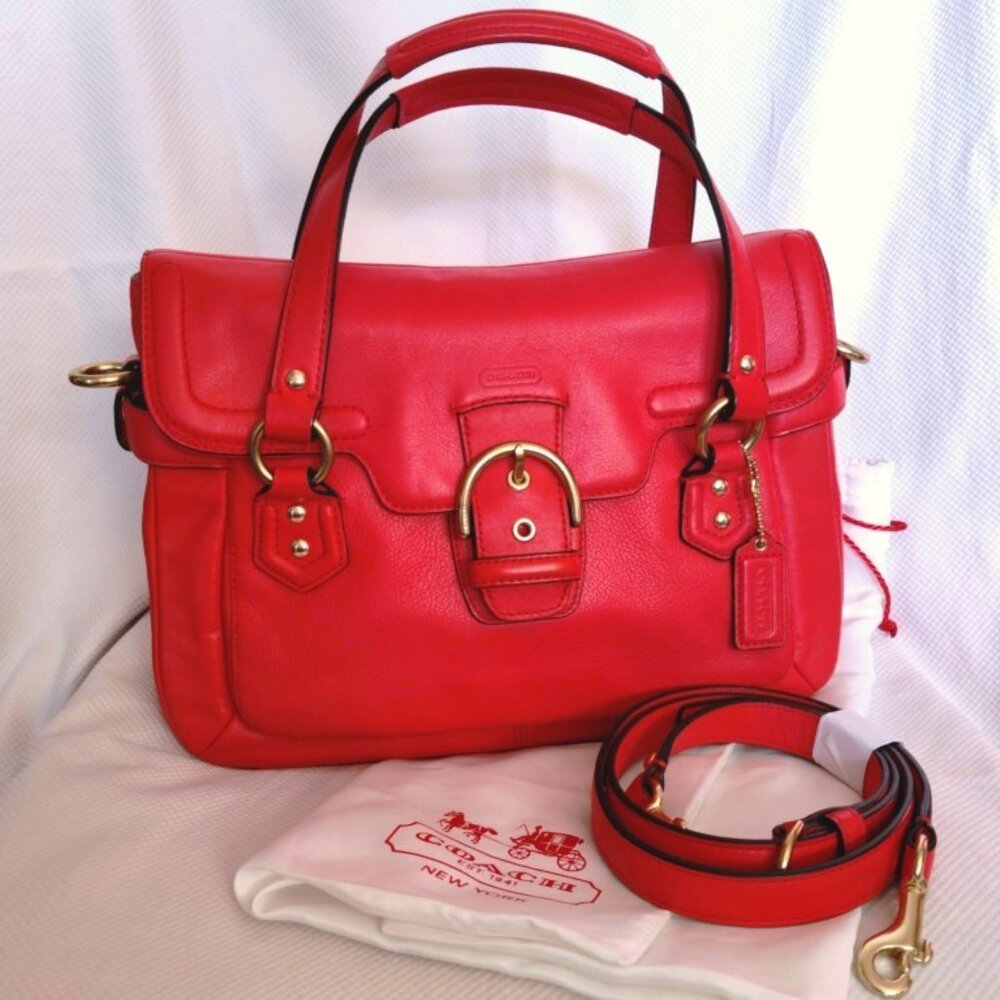 Coach Soho Leather Campbell Flap Convertible Satchel in Hot Orange & Brass, EUC